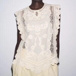 NWT Zara Cream Lace Embroidered Top
